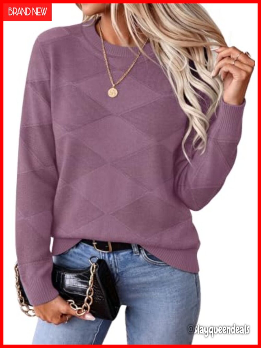 Sipaya Women's Crew Neck Long Sleeve Pullover Sweater Diamond Knit